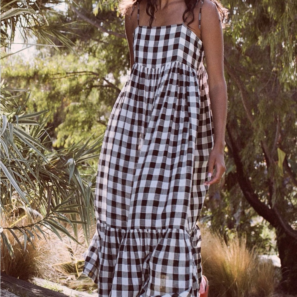THE GREAT. Black and White Gingham Maxi Dress